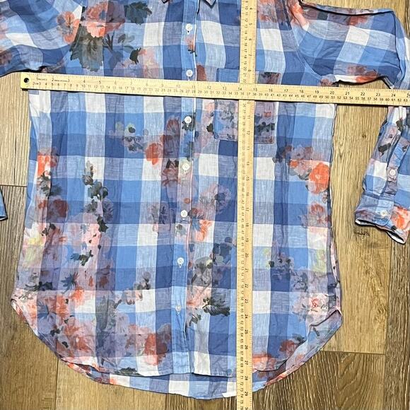 Joules 100% Linen Plaid Floral Print Button Down Shirt Size US 8 Blue Preppy - Picture 7 of 8